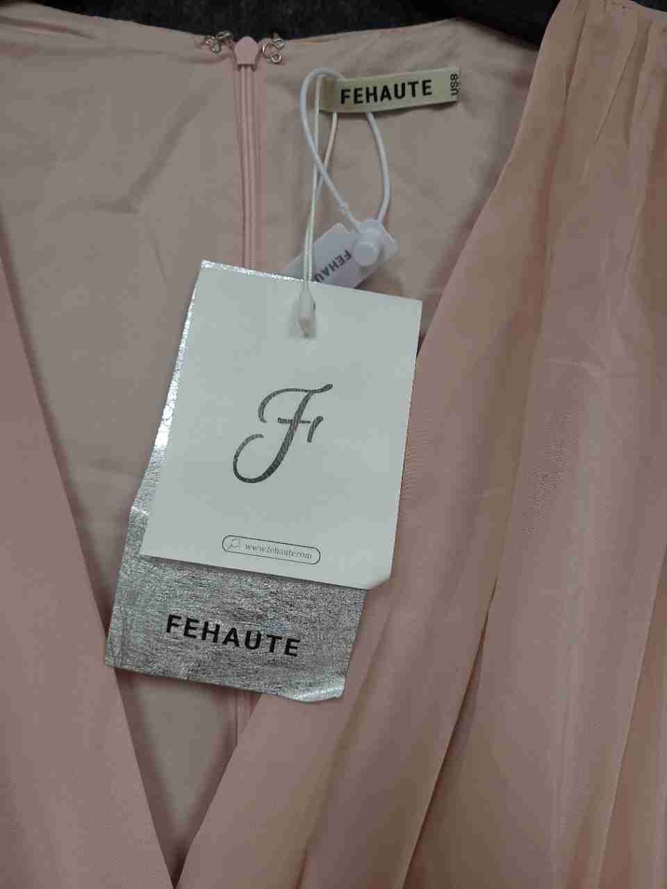 FEHAUTE Women's Blush Pink Chiffon V-Neck Maxi Dress Rosette NWT Sz 8