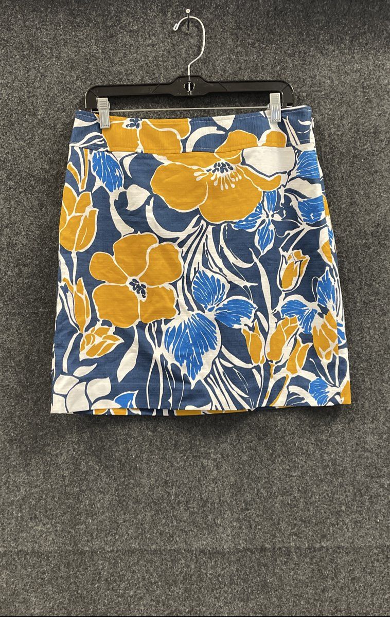 Ann Taylor Women's Blue Yellow Floral Print Textured Cotton Skirt Sz 8 NWT