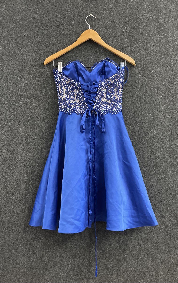 Annylee Women's Royal Blue Strapless Lace Rhinestone Sequined Formal Dress Sz XS