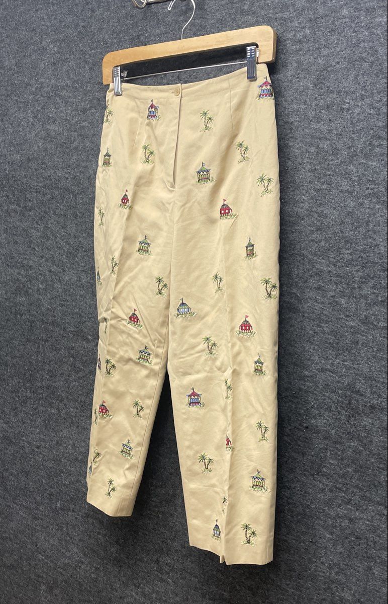 Vintage 90s Talbots Women's Khaki Embroidered Palm Tree Beach Pants Sz 4 Petites