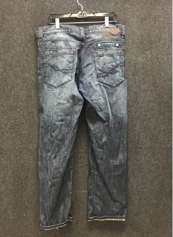 Ecko Unltd Men's Blue Slim Straight Jeans Whiskered Grommet Pocket Sz 36