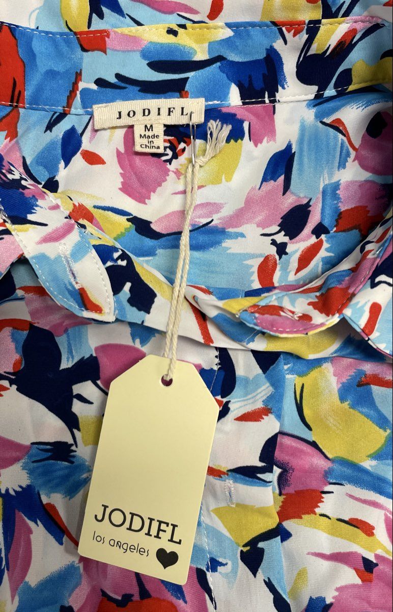 Jodifl Women's Abstract Floral Short Sleeve Button Front Blouse Sz M NWT