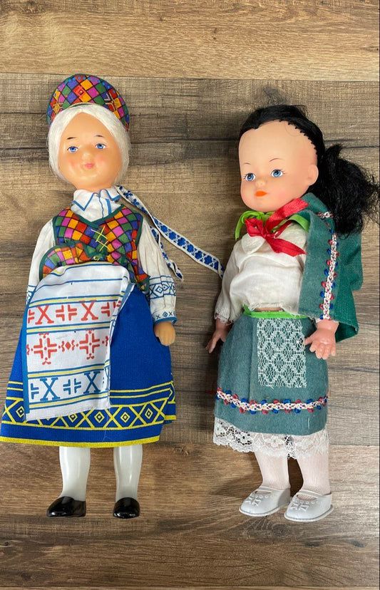 Lot of 2 Vintage Hard Plastic Dolls International Folk Costume Collectible