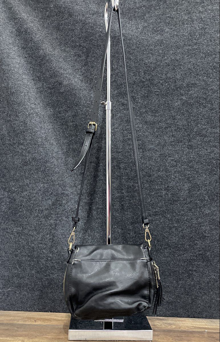 Antik Kraft Black Leather Tassel Foldover Crossbody Bag Mini Gold Hardware