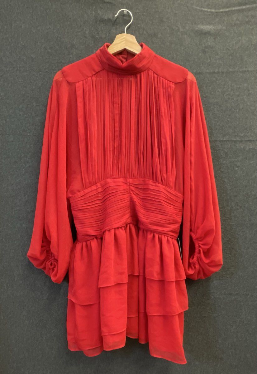 Express Women's Red Ruffled Ruched High Neck Bishop Sleeve Dress NWT Sz 10