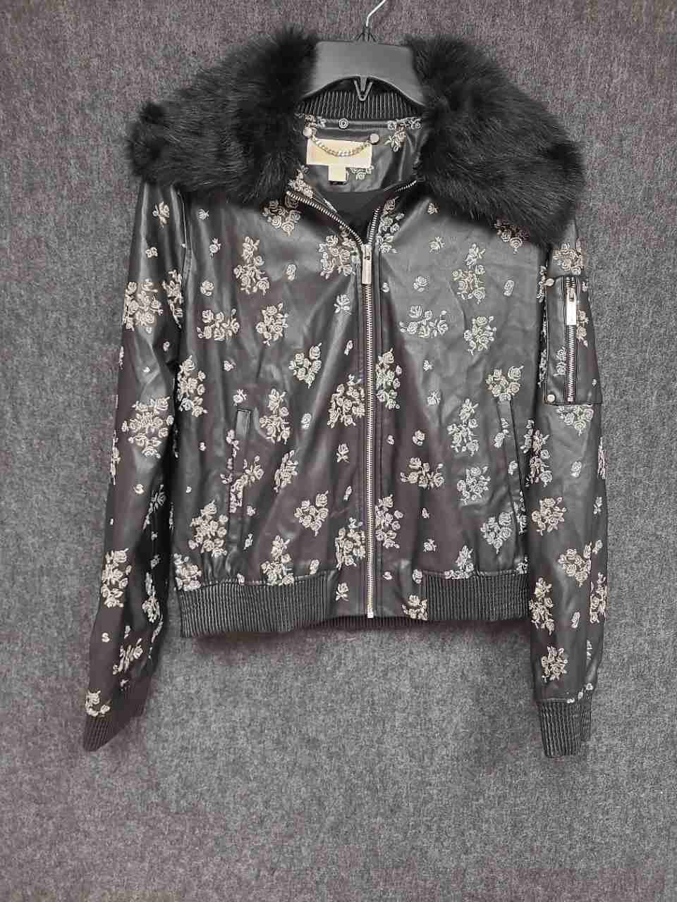 MICHAEL Michael Kors Women's Black Faux Leather Embroidered Bomber Jacket Sz M