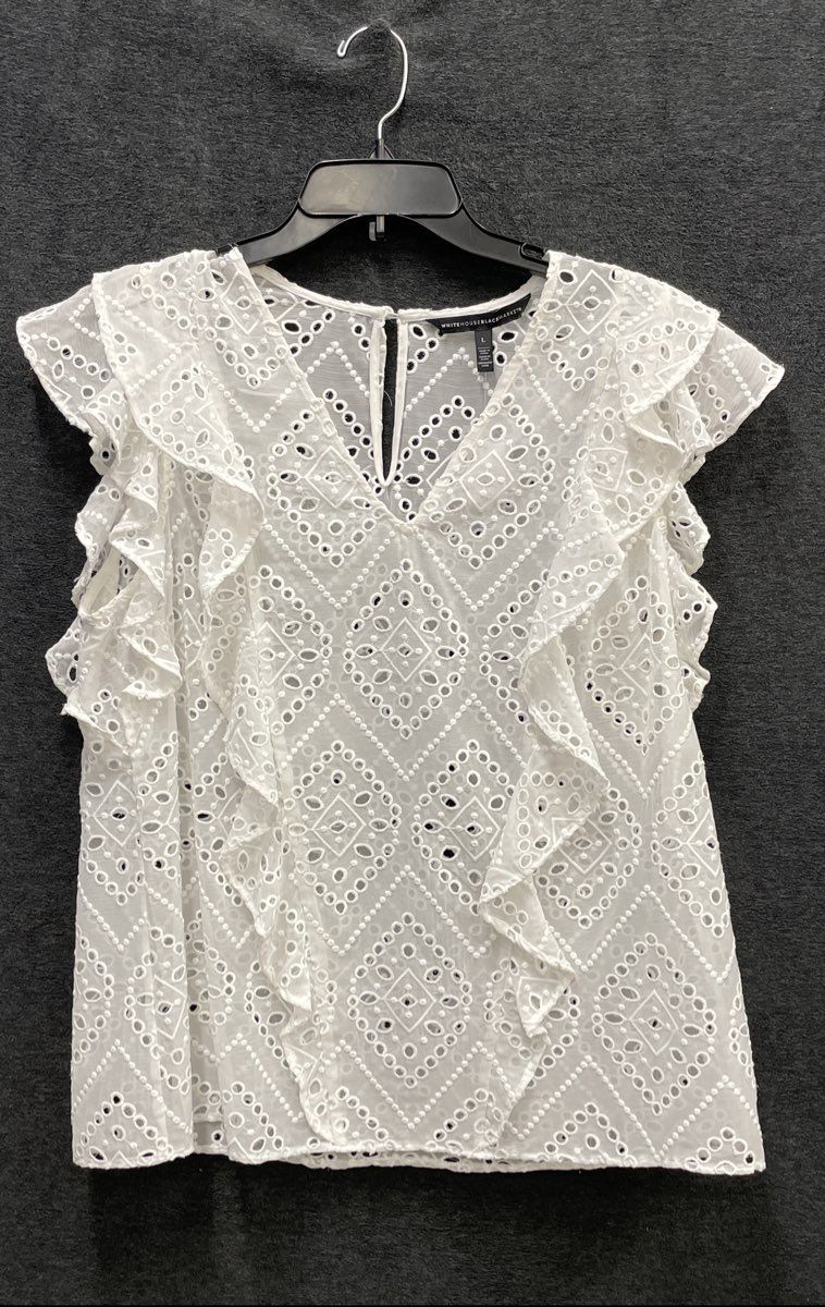 White House Black Market Women's Ecru Flutter Slv Embroidered Eyelet Top Sz L