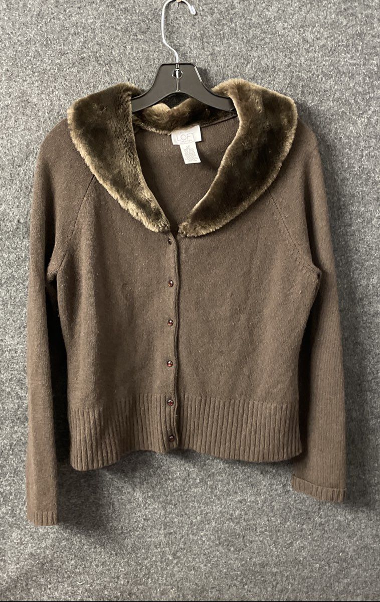 Ann Taylor Loft Women's Vintage Y2K Brown Cardigan Faux Fur Wool Blend Sz LP