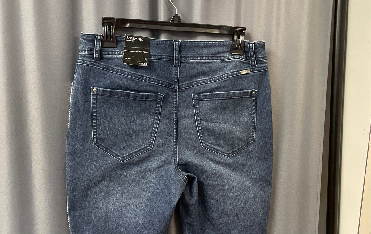 INC Women's Blue Skinny Leg Embellished Side Stripe Mid Rise Jeans Sz 8 NWT