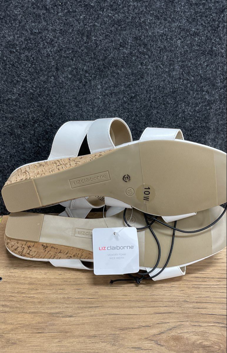 Liz Claiborne White Triple Strap Cork Wedge Sandals Memory Foam Size 10W NWT