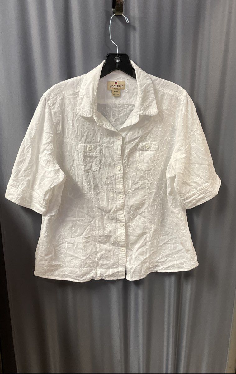 Woolrich Women's White Floral Embroidered Swiss Dot Short Sleeve Shirt Sz L