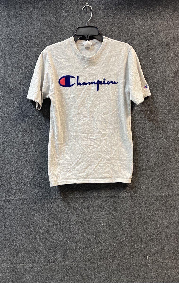 Champion Grey Flocked Velvet Logo Graphic T-Shirt Sz S