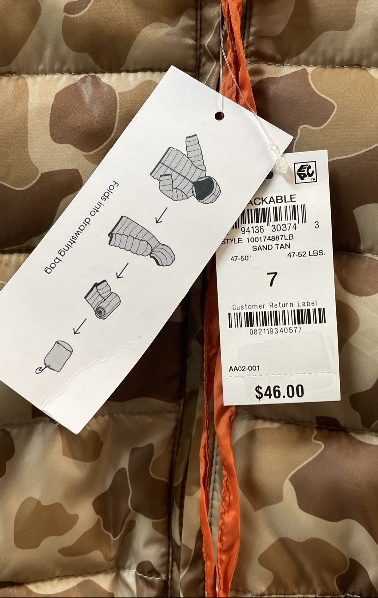 Epic Threads Kids' Packable Puffer Jacket Sand Tan Camo Water Resistant NWT Sz 7