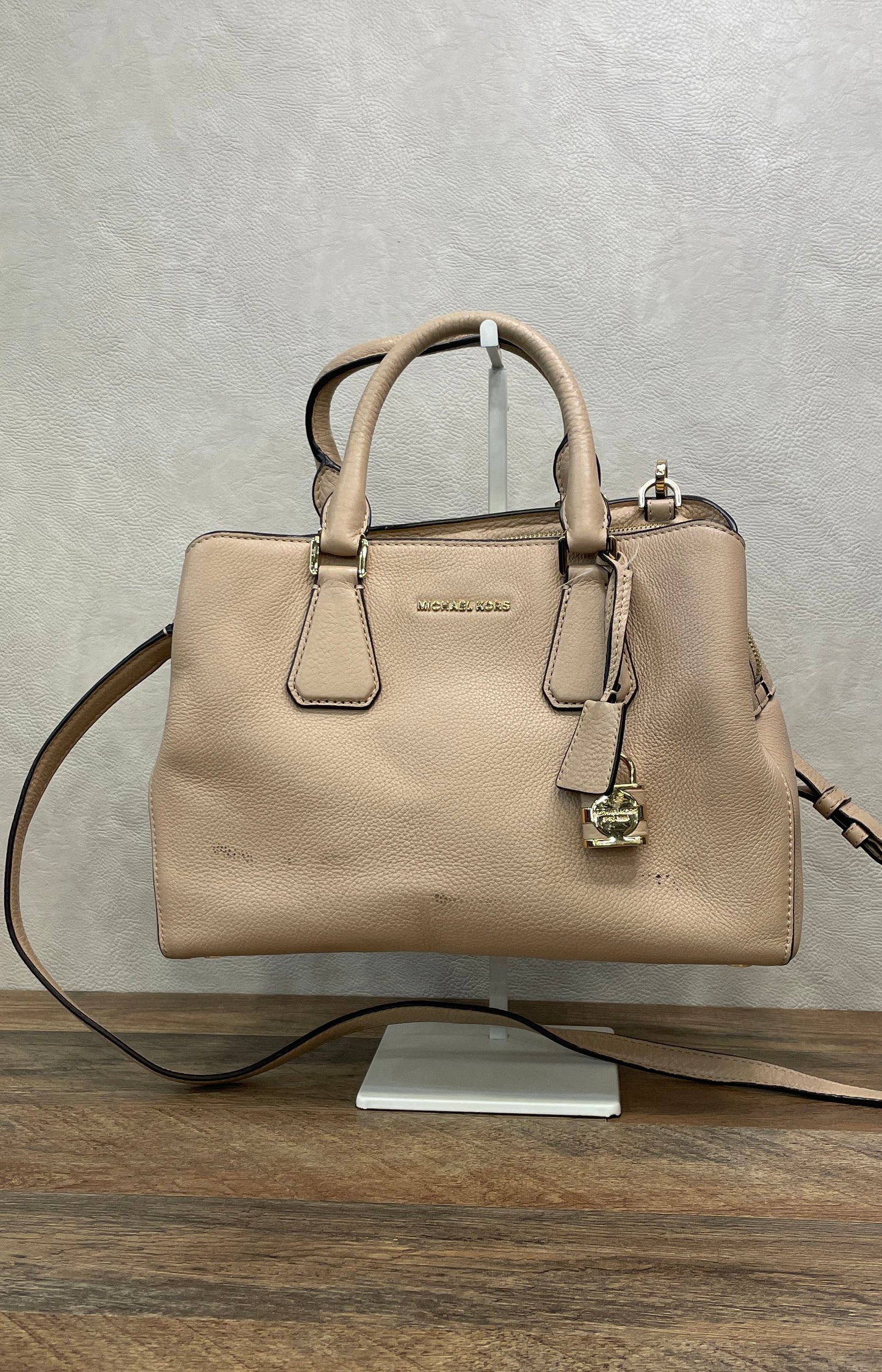 Michael Kors Beige Pebbled Leather Medium Camille Satchel Bag Gold Hardware