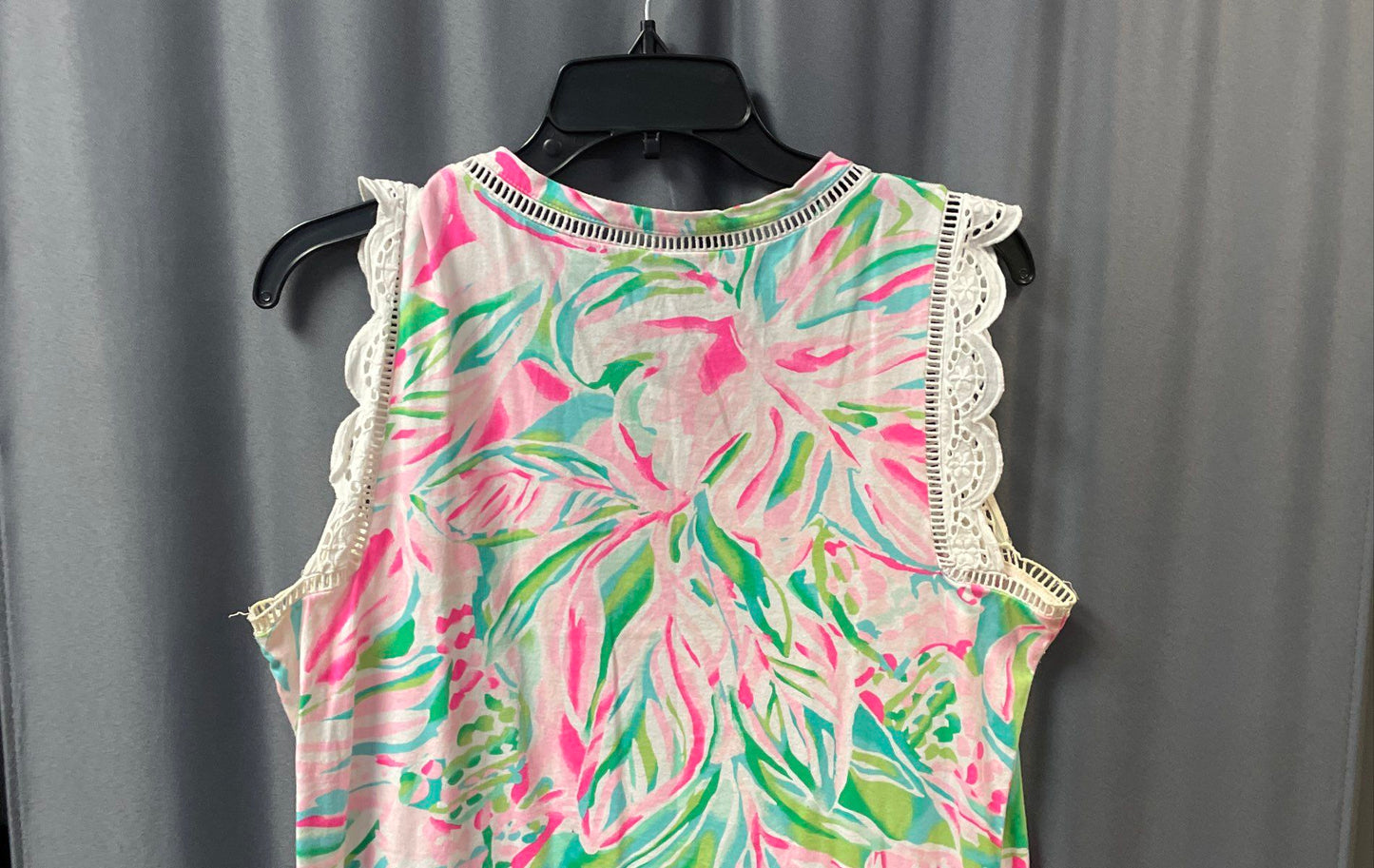Lilly Pulitzer Women's Corinne Tank Top Pink Green Floral Eyelet Lace Scallop M