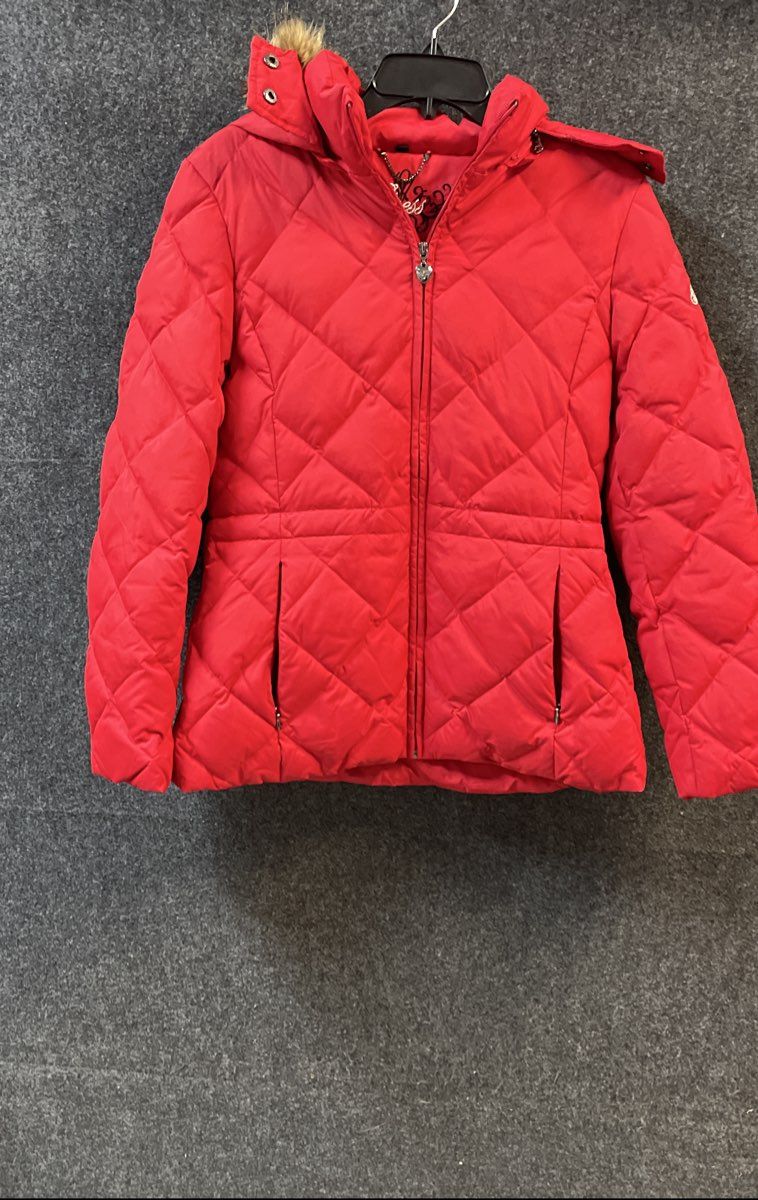 Guess Women's Red Down Puffer Jacket Faux Fur Trim Hood Quilted Sz M