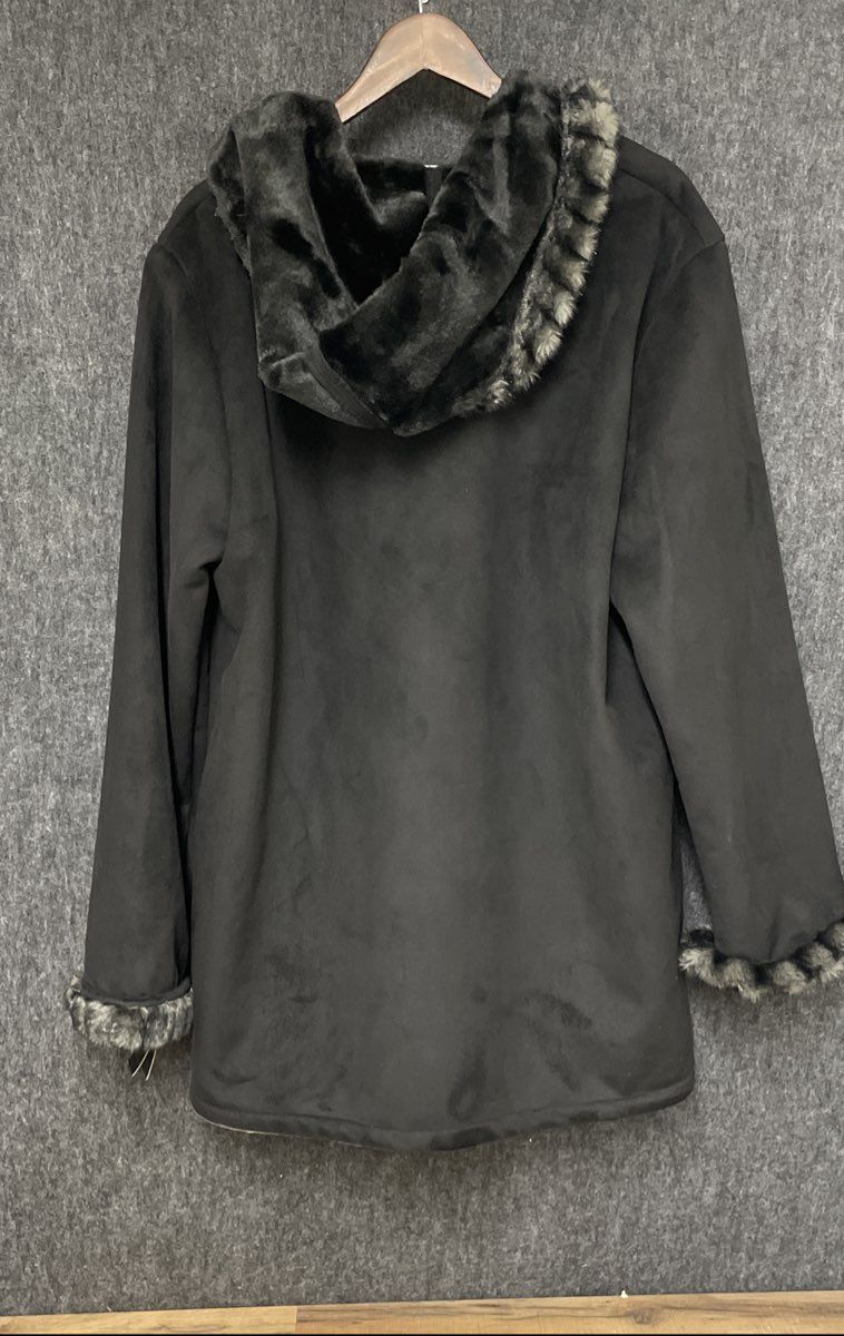 Jones New York Women's Black Faux Suede Faux Fur Trim Hooded Winter Coat Sz XL