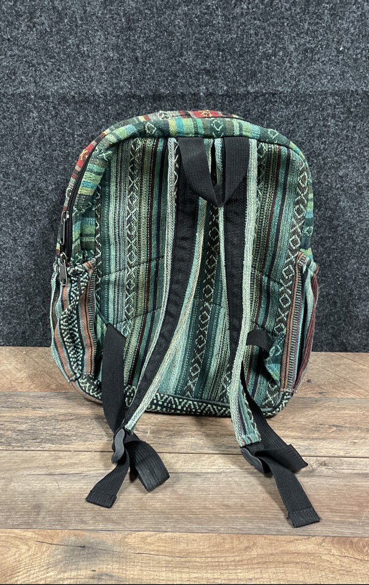Himalayan Hemp Green Blue Striped Woven Backpack Made in Nepal