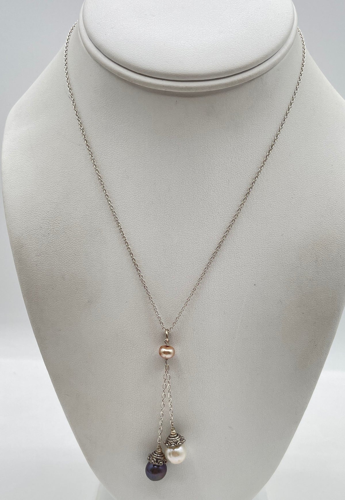 925 Sterling Silver Pink, White & Gray Pearl Lariat Necklace 6g