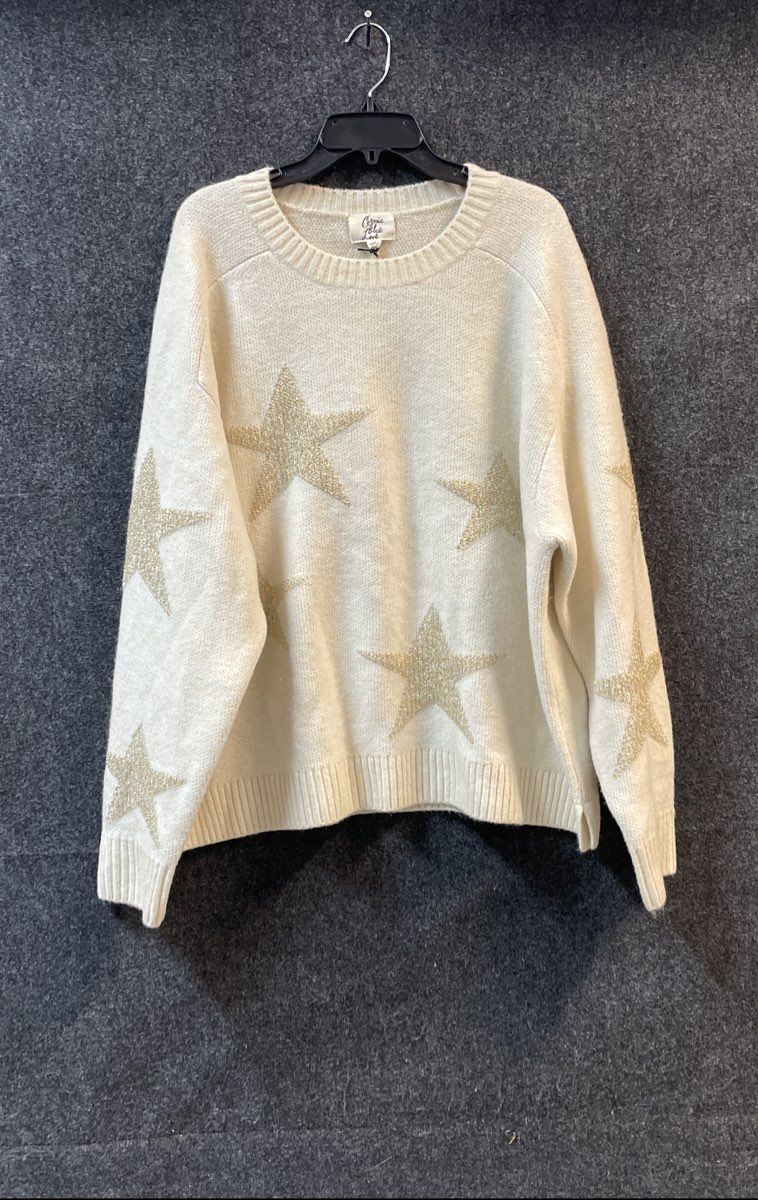 Cosmic Blue Love Women's The Starlet Crew Off-White Gold Star Sweater NWT Sz 3X