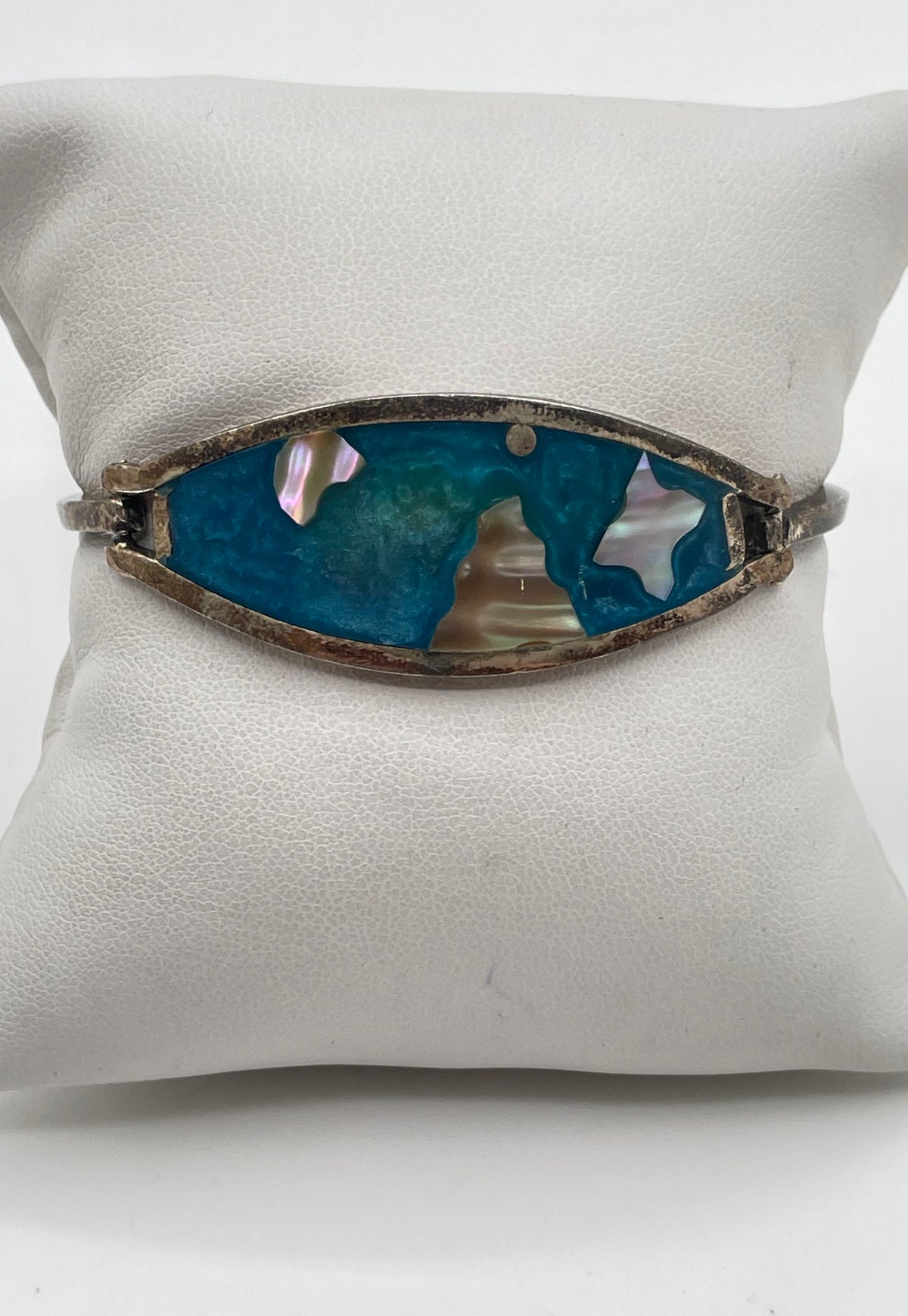Alpaca Silver Mother Of Pearl Blue Resin Bangle Bracelet Mexico Marked 12.4g