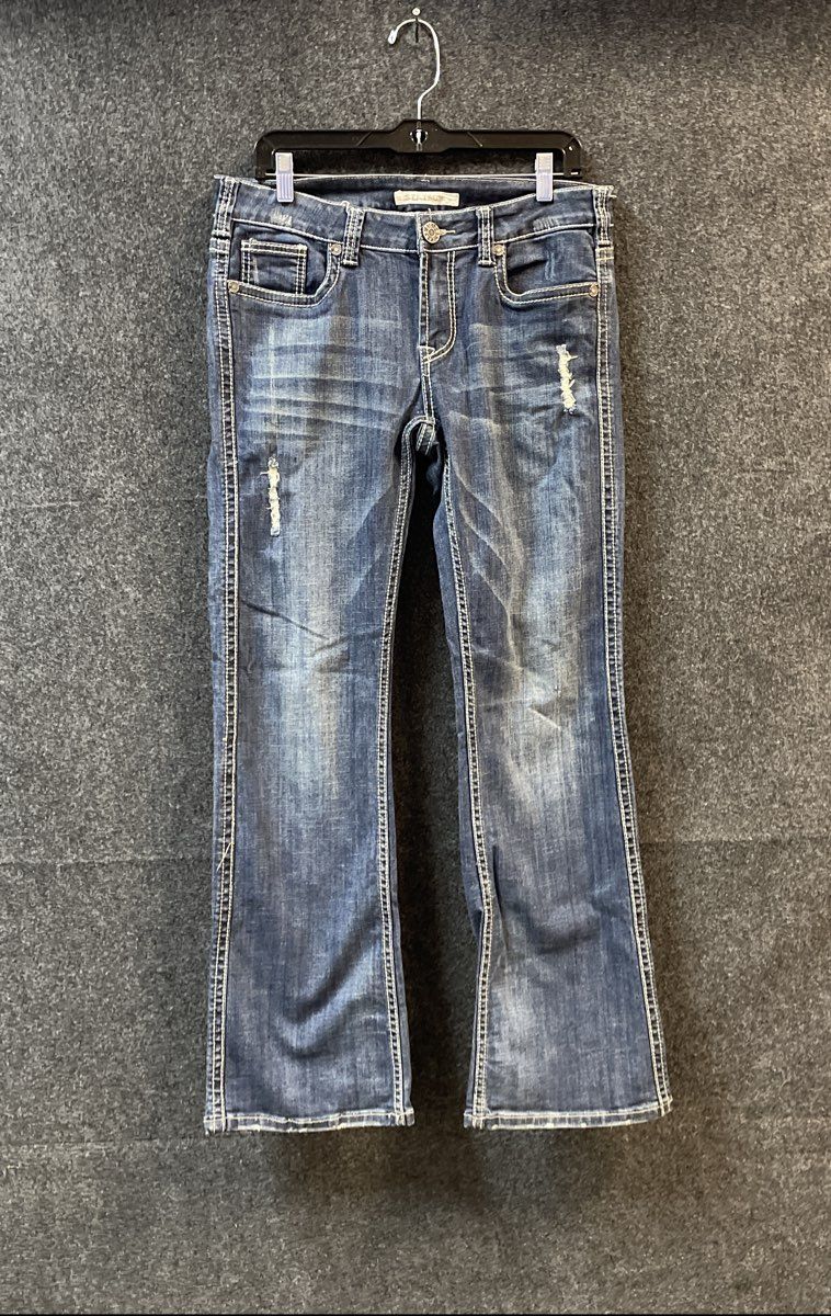 Stetson Women's Blue Distressed Rhinestone Flap Bootcut Jeans Sz 10