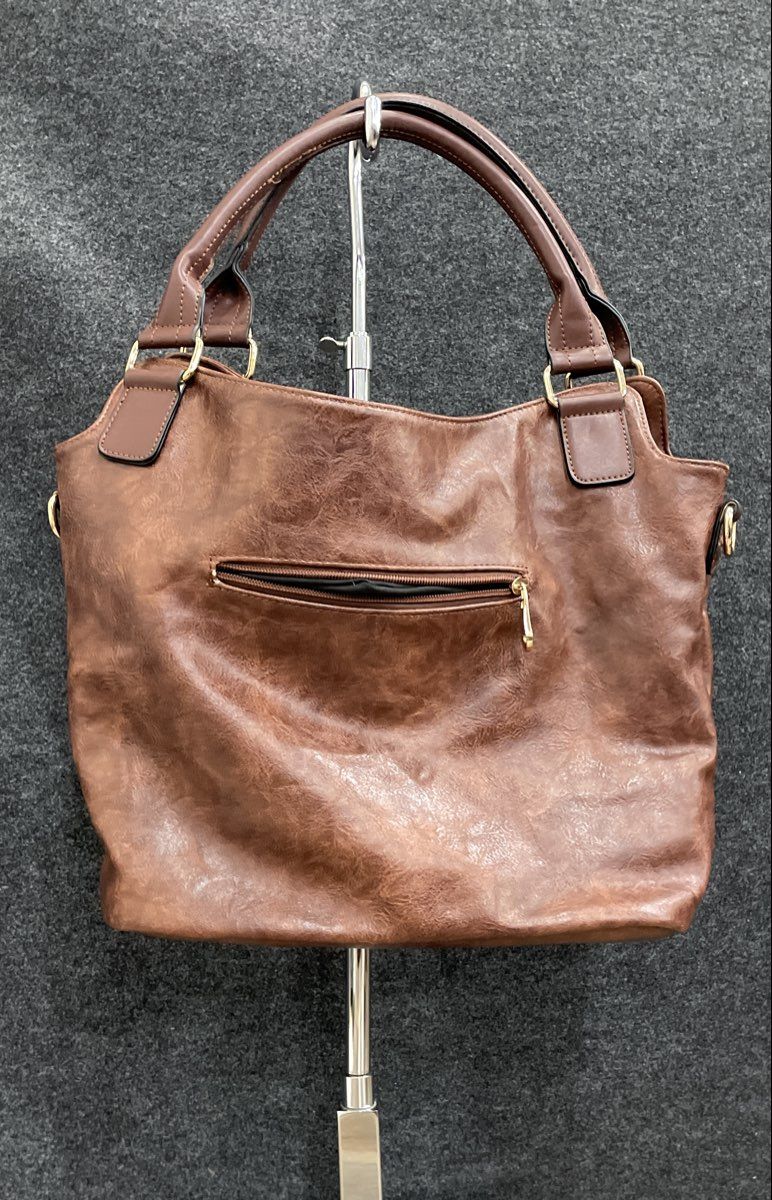 Brown Leather Tote Handbag Distressed Gold Hardware Buckle Accents Purse
