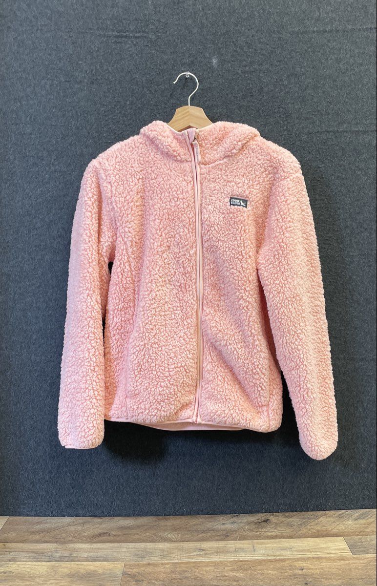 Eddie Bauer Kids Pink Fuzzy Sherpa Hooded Zip Up Fleece Jacket Sz L 14/16
