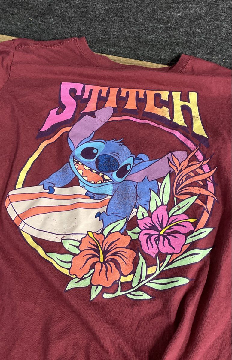 Disney Stitch Maroon Surfing Hibiscus Graphic T-Shirt Sz XL