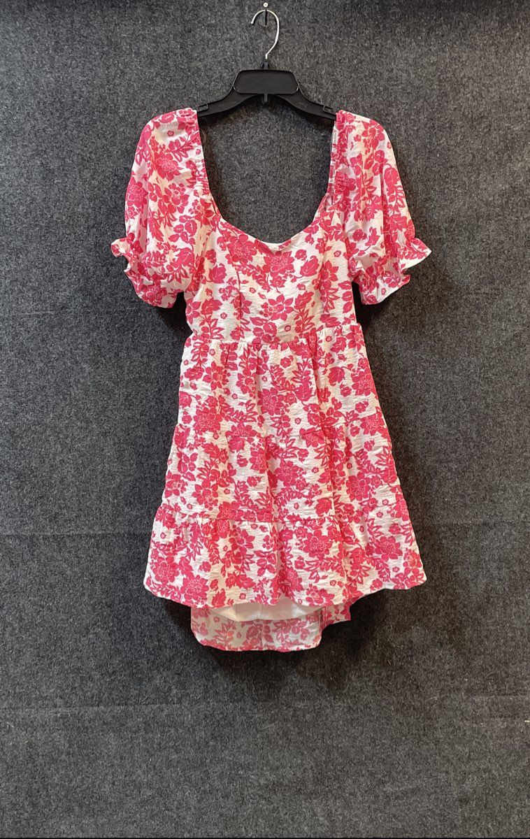 Crystal Doll Women's Pink Floral Puff Sleeve Tiered Open Back Mini Dress Sz L