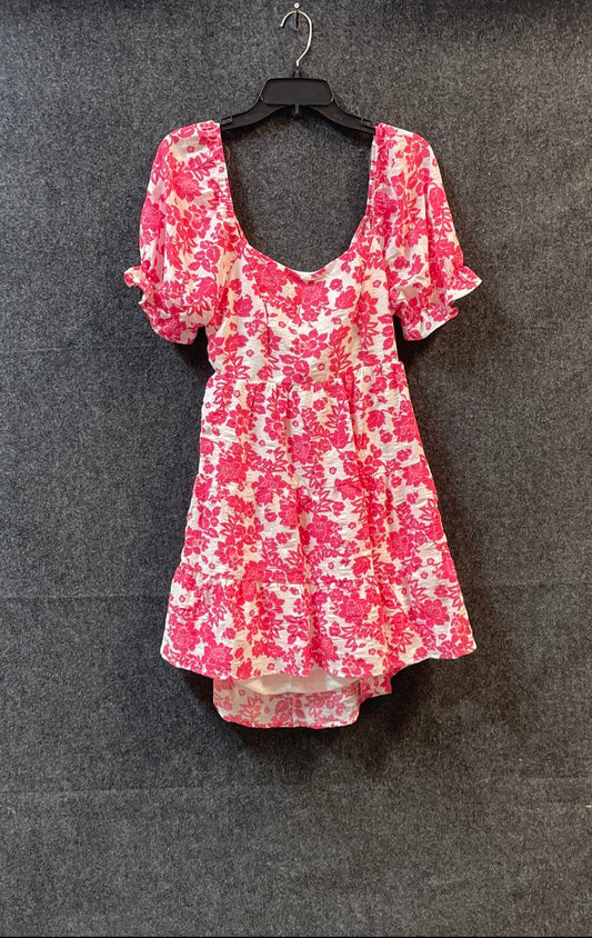 Crystal Doll Women's Pink Floral Puff Sleeve Tiered Open Back Mini Dress Sz L