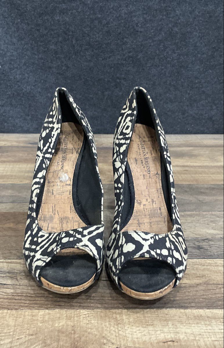 Christian Siriano Black White Abstract Peep Toe Cork Pumps Size 11