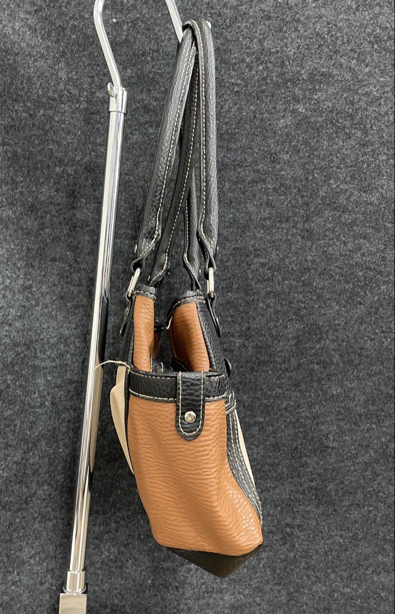 Tri-Color Black Brown Cream Leather Shoulder Bag Pebbled Purse Handbag