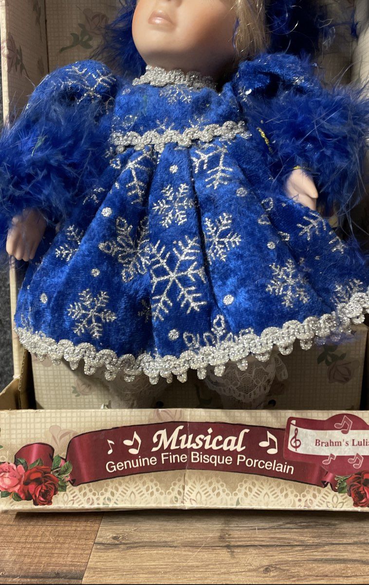 Vintage Collector's Choice Bisque Porcelain Musical Doll Animated Blue Winter