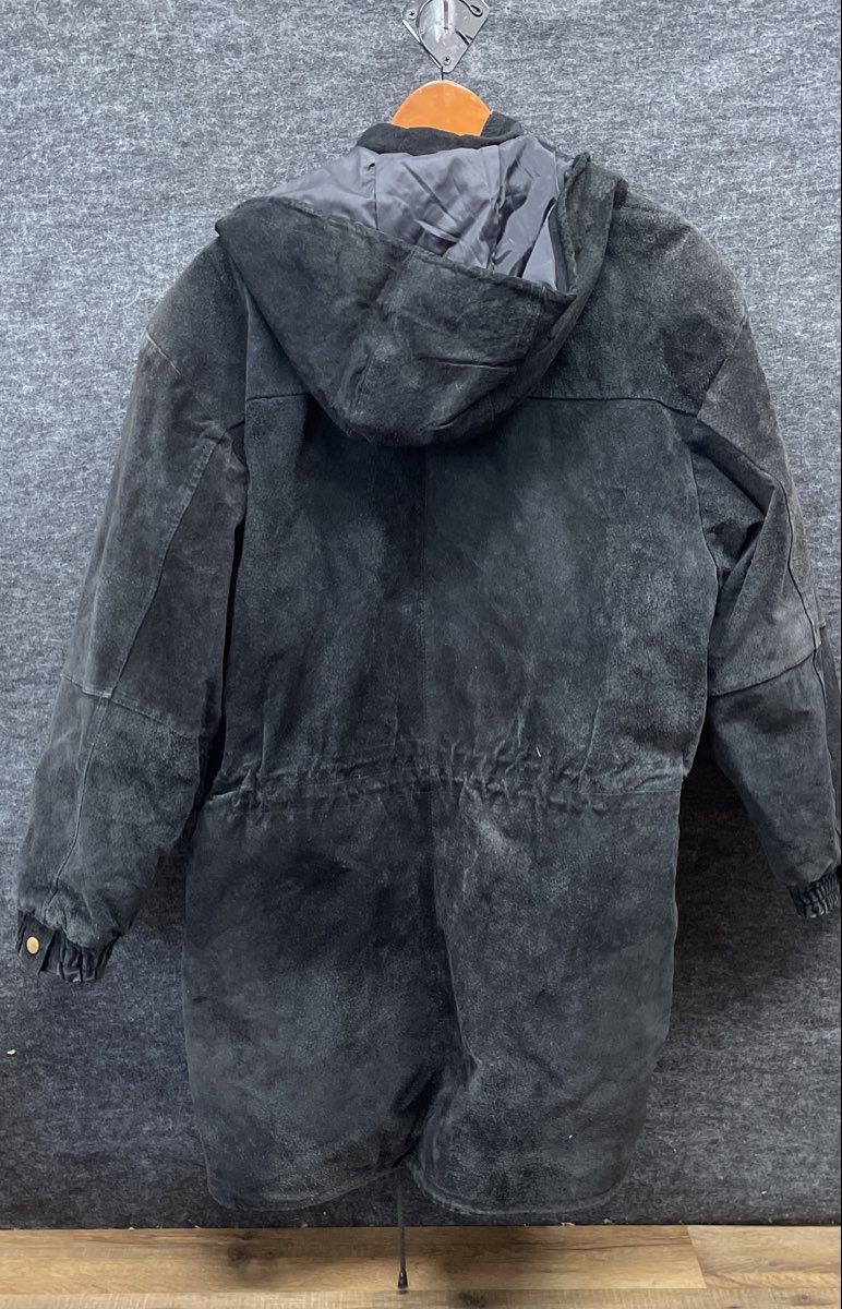 Vintage 90s Shebang Women's Black Suede Leather Hooded Parka Jacket Sz M