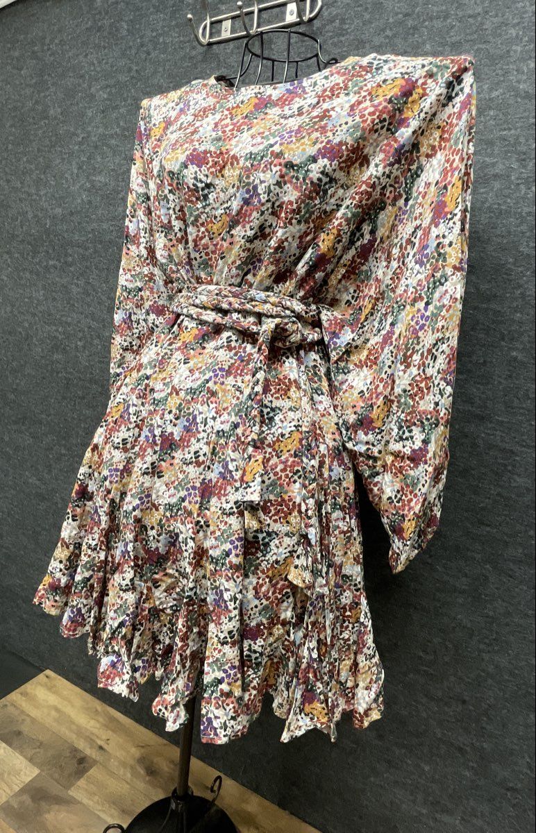 Women's Multicolor Floral Batwing Sleeve Braided Belt Ruffle Tiered Mini Dress