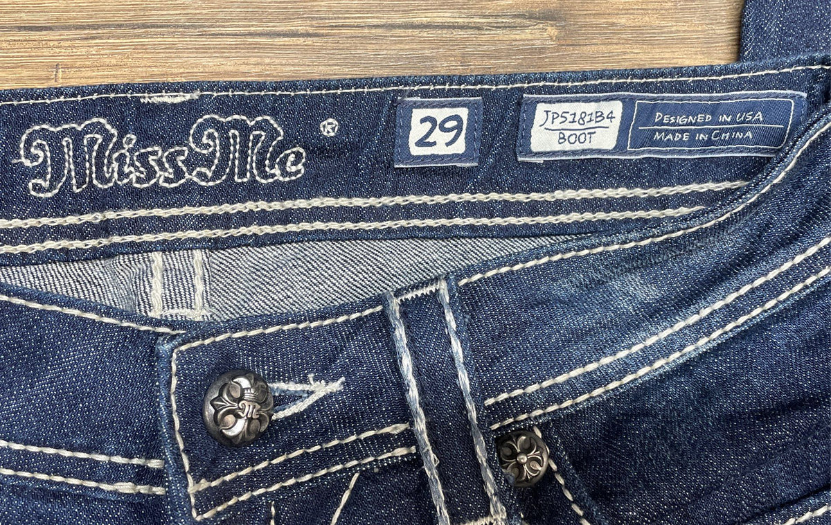 Miss Me Women's Dark Wash Embroidered Fleur de Lis Bootcut Denim Jeans Sz 29