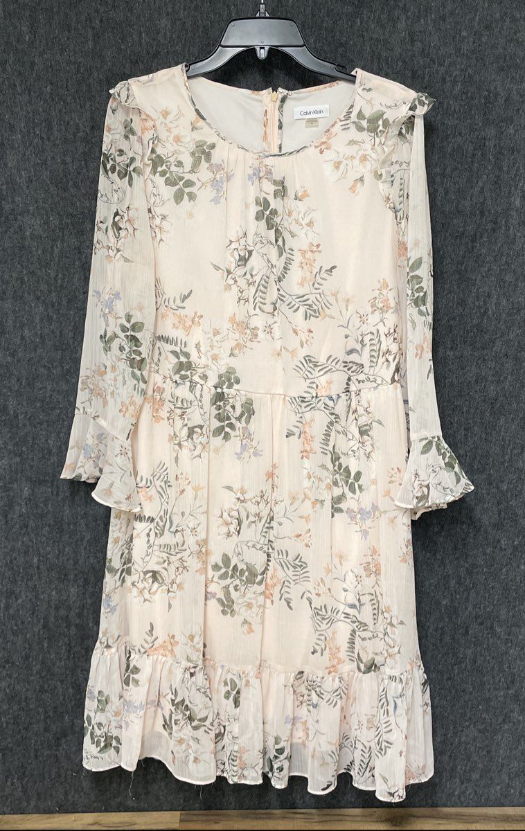 Calvin Klein Women's Cream Floral Chiffon Ruffle Tiered Bell Sleeve Dress Sz 14