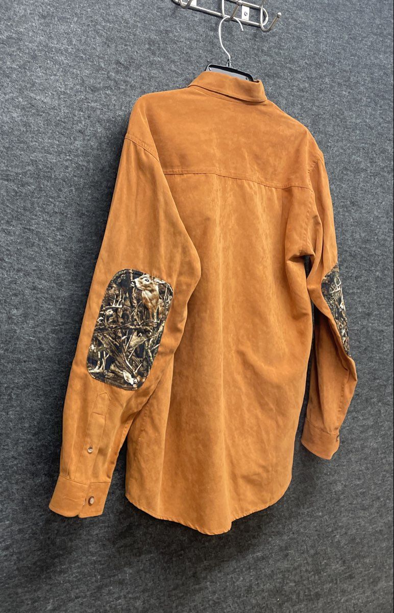 Vintage 90s North River Faux Suede Camo Patch Hunting Shirt Jacket Sz M