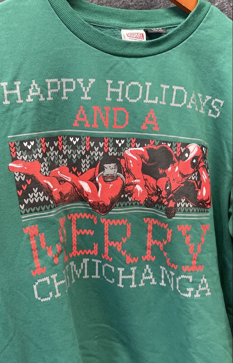 Marvel Men's Deadpool Green Merry Chimichanga Christmas Ugly Sweatshirt Sz L