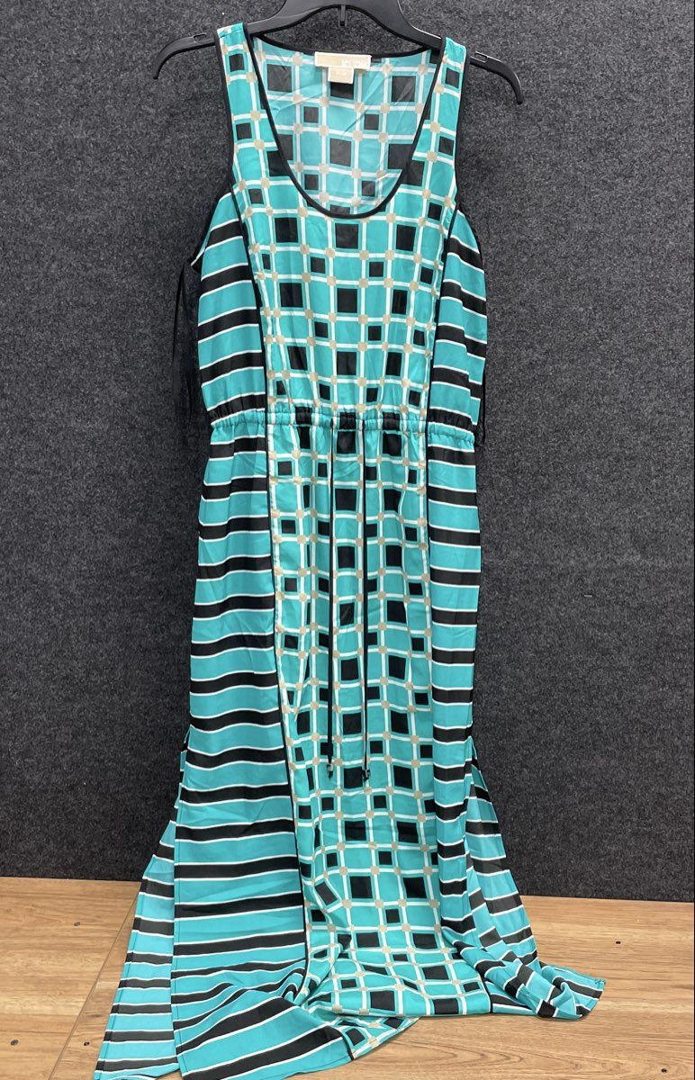 Michael Kors Women's Sleeveless Geometric Graphic Maxi Dress Turquoise Sz P/M