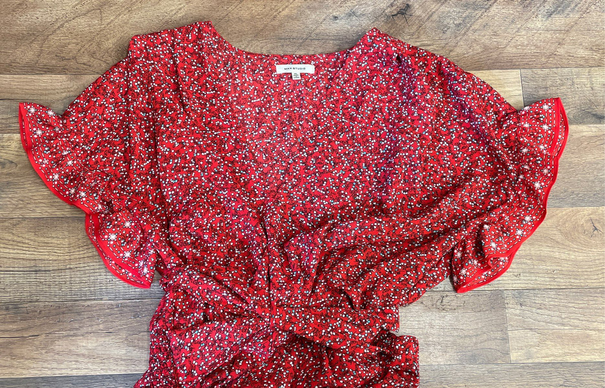 Max Studio Women's Red Floral Flutter Sleeve Tie Back Maxi Dress Sz XL