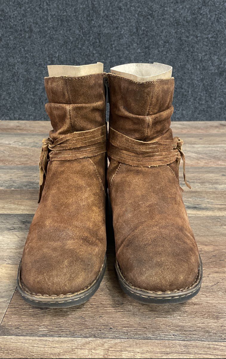 Born Kerri Brown Suede Fringe Tassel Slouchy Ankle Boots Women's Size 9