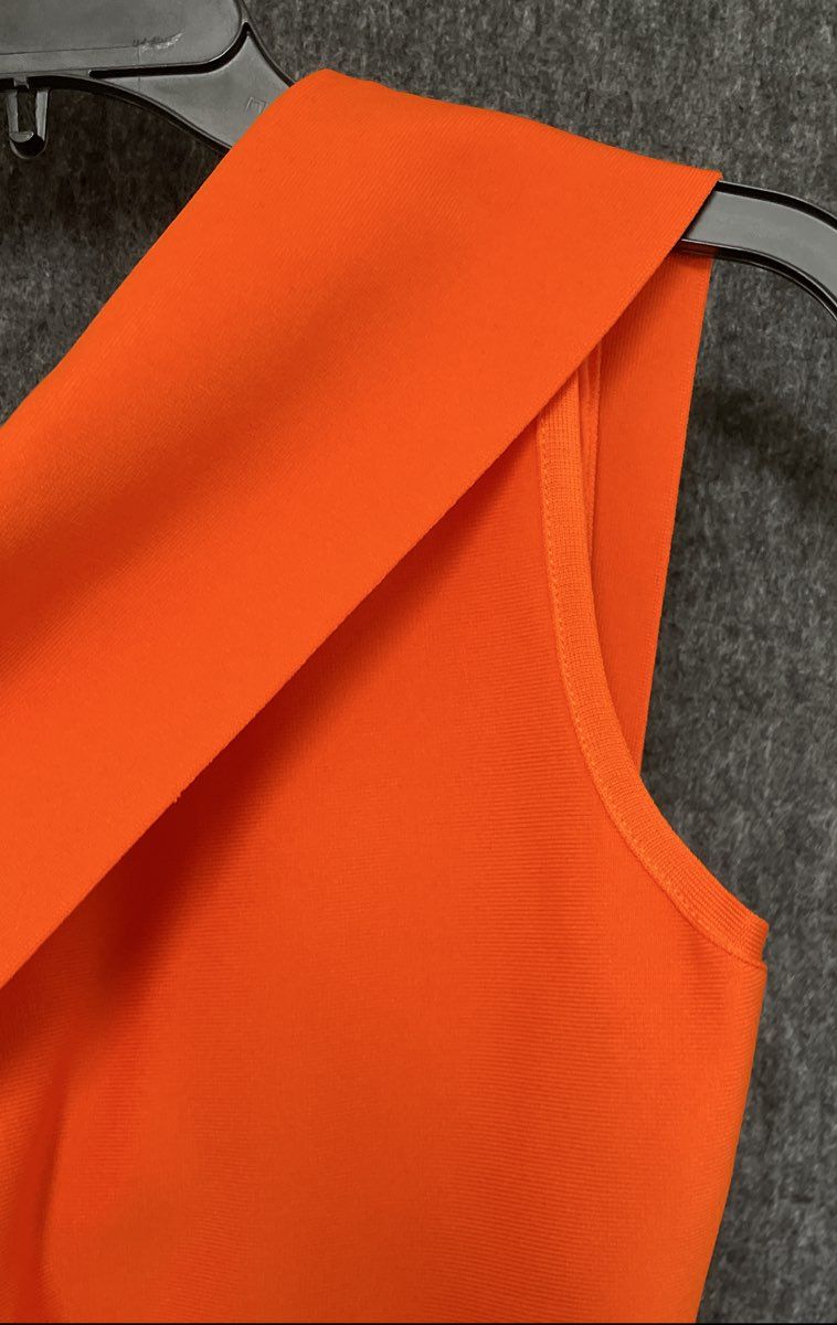 Women's Orange One-Shoulder Bandage Bodycon Ruffle Hem Midi Dress Sz M