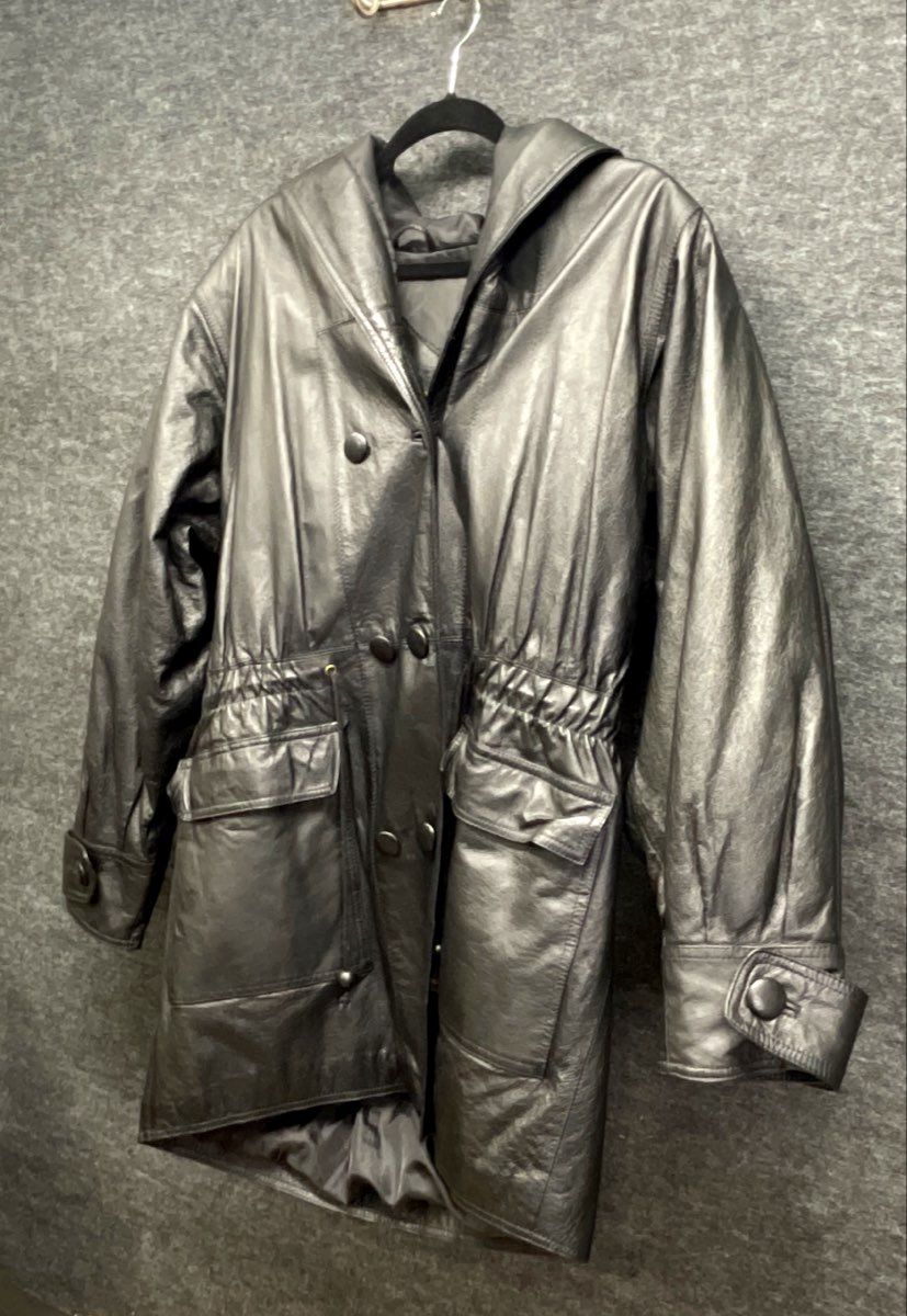 Vintage 90s Fitz Wright Women's Black Hooded Leather Parka Coat Sz L
