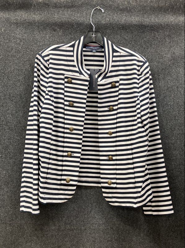 Tommy Hilfiger Women's Blazer Navy White Striped Cotton Crest Button Sz XL NWT