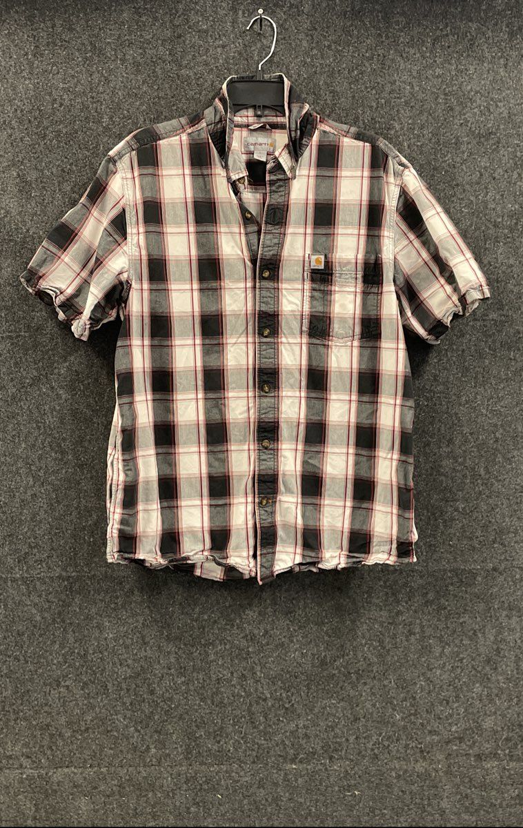 Carhartt Men's Short Sleeve Button Up Shirt Black White Red Plaid Relaxed Sz L