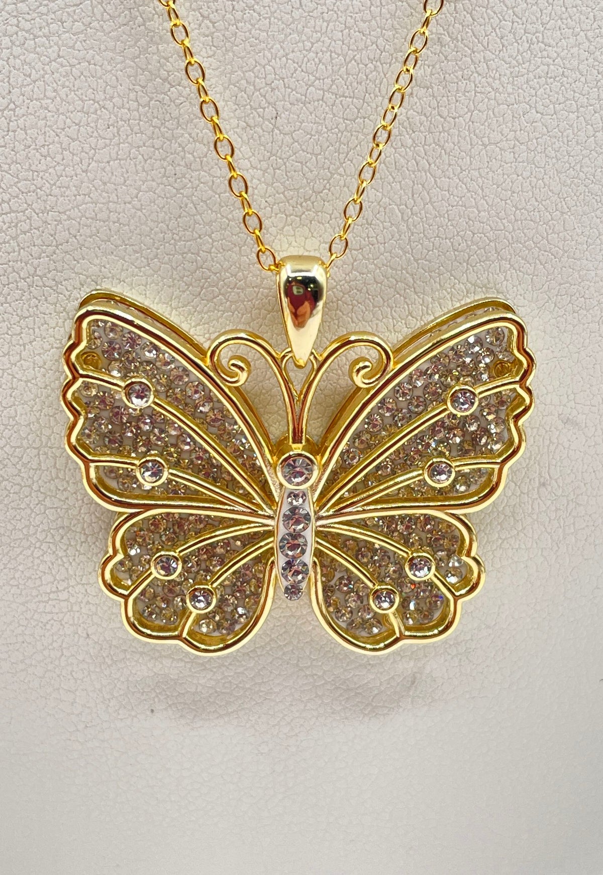 925 Sterling Silver Gold Tone Rhinestone Butterfly Pendant Necklace 7.8g