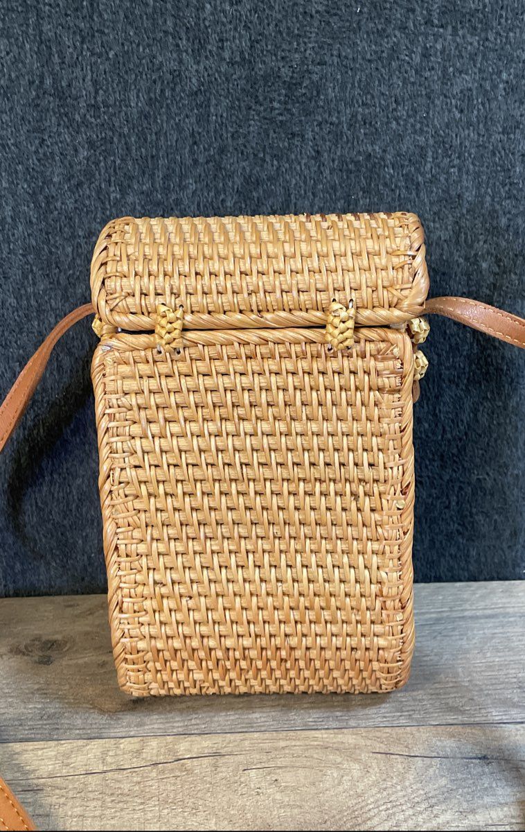 Unbranded Brown Woven Rattan Wicker Box Crossbody Bag Floral Lining