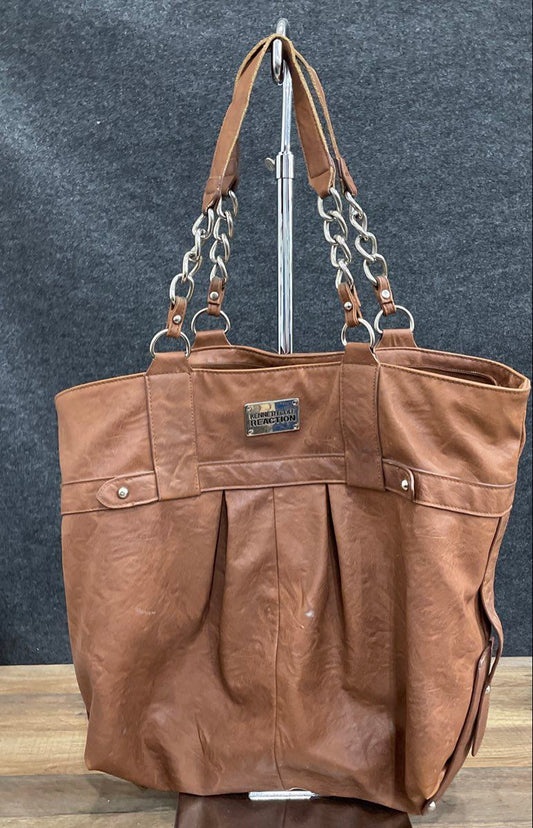 Kenneth Cole Reaction Brown Pleated Faux Leather Tote Bag Silver Hardware